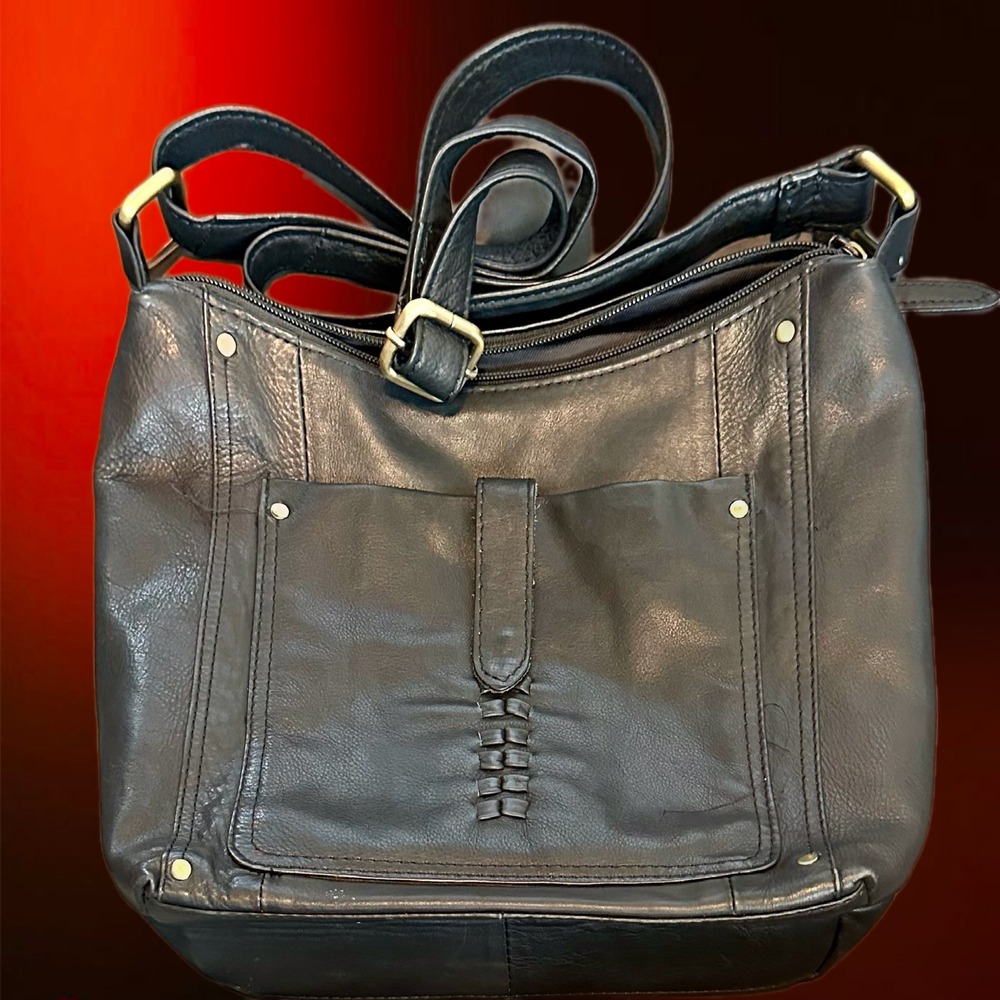 Great American Leather Works Black Leather Crossbody Bag Brass‎ Hardware Woven